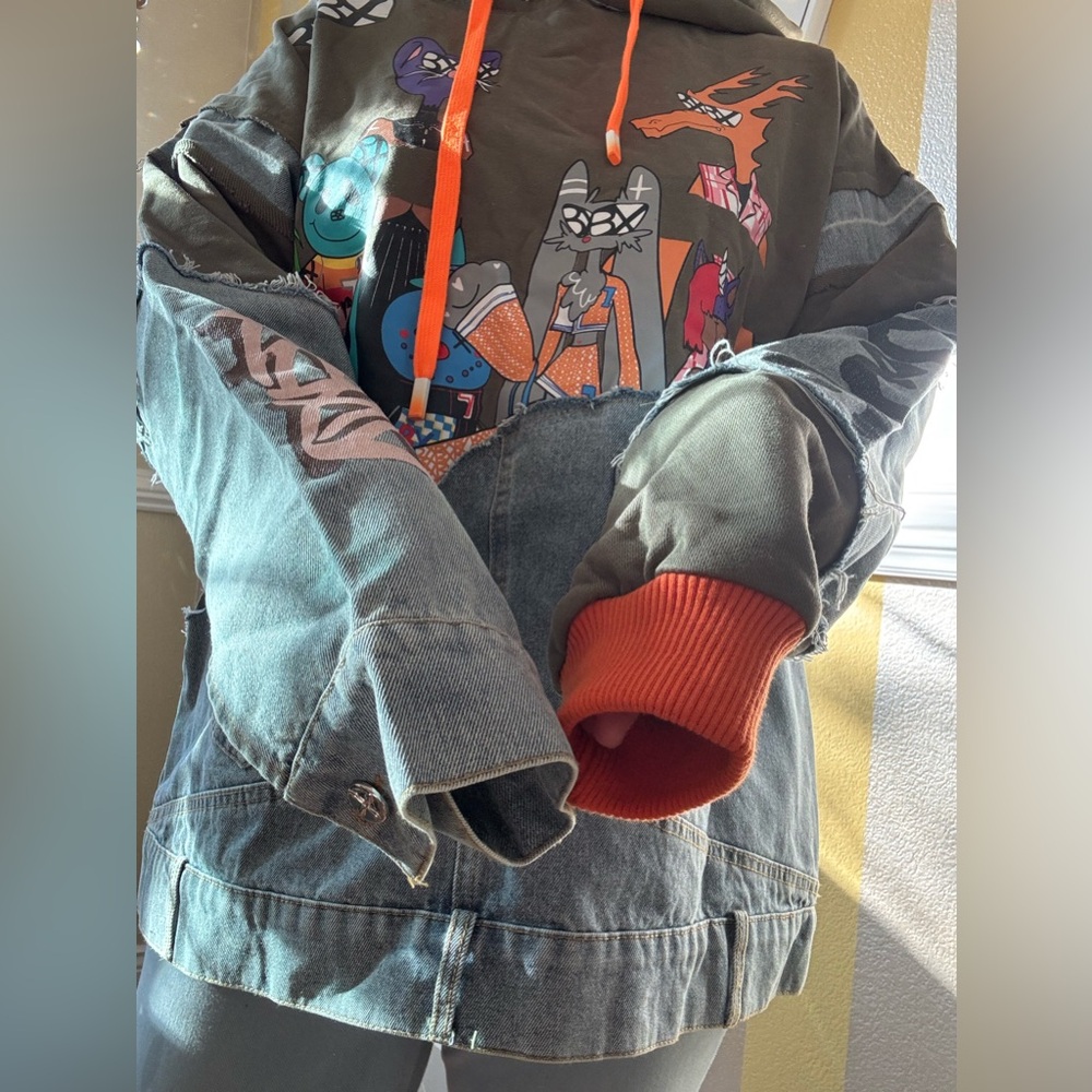 Graphic Patchwork Hoodie With Orange Accents - image 4